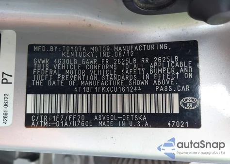 2012 Toyota Camry Se from USA, damaged, VIN 4T1BF1FKXCU161244